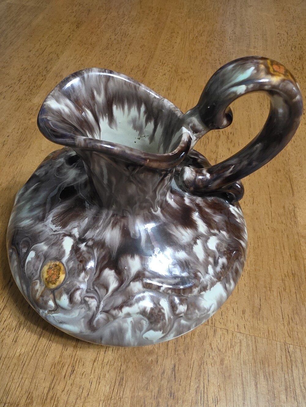 Vintage 1950s German Artisan Marbled Brown and Cream Drip Glaze Ceramic Pitcher